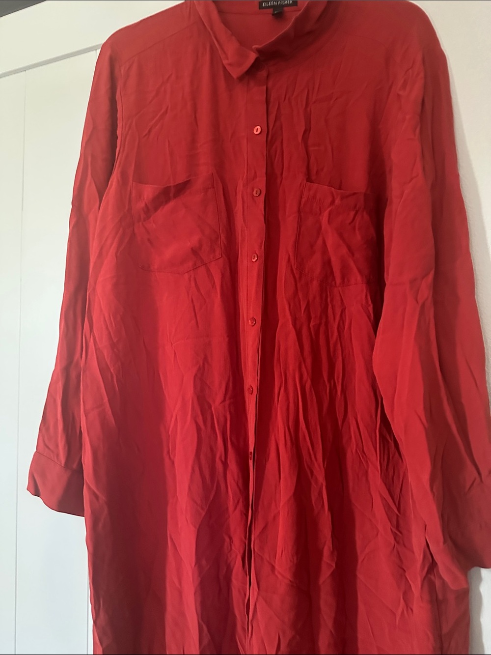 Eileen Fisher Red Long-Sleeve Button-Down Shirt Dress - Picture 2 of 8